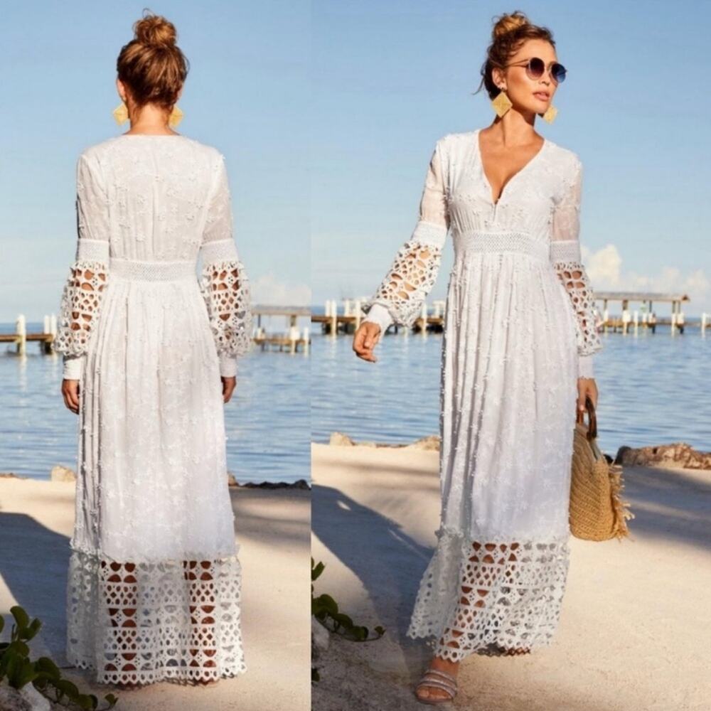 Boston Proper White Boho Chic Mixed Media Long Sleeve Maxi Dress Sz Small